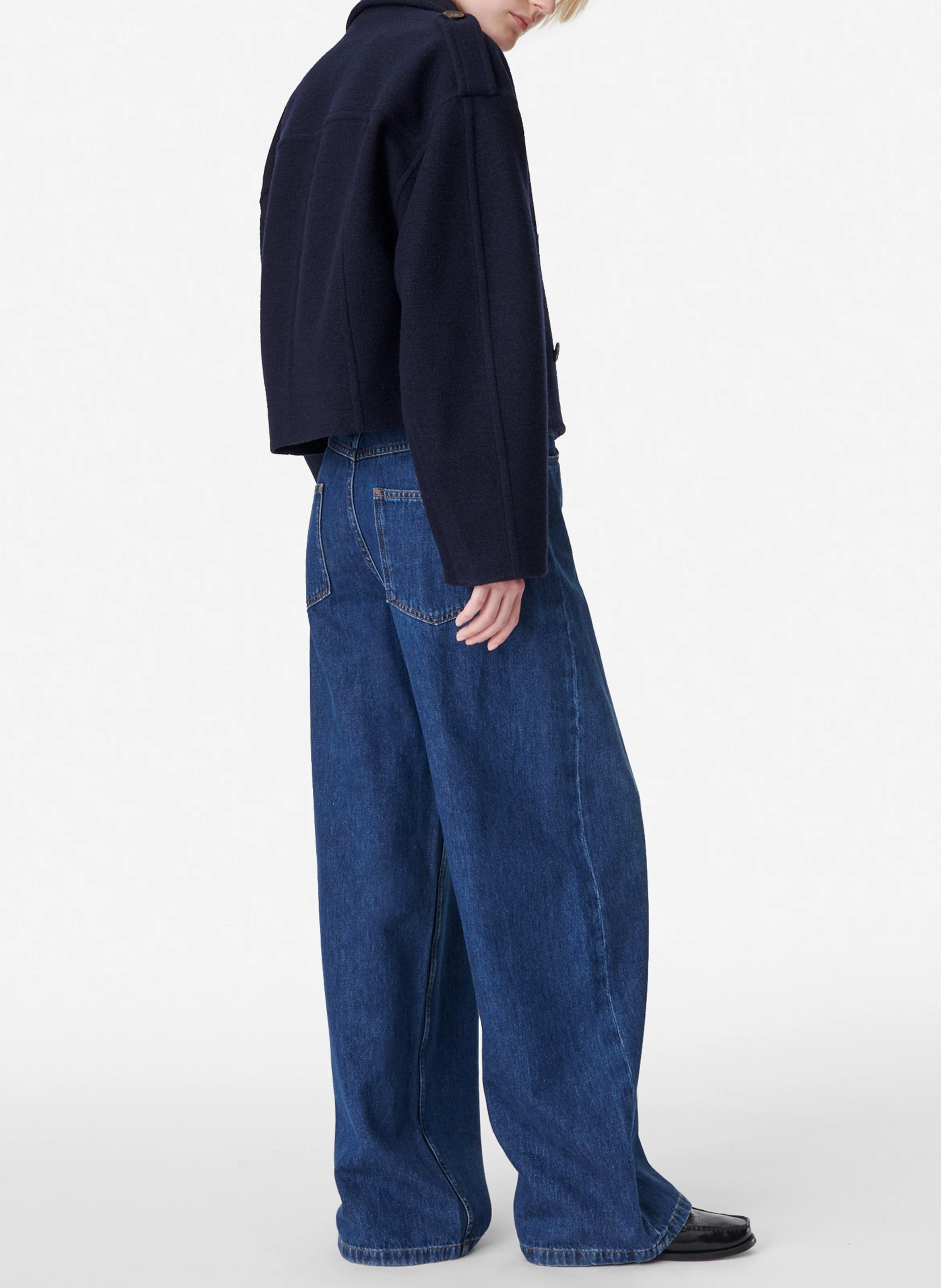 BERAN - Caban court col tailleur en laine et coton| Bleu