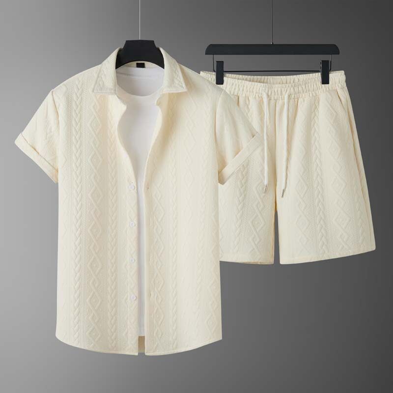 Blueforce - Set: overhemd met korte mouwen, kraag en textuur, knoopsluiting + korte broek met trekkoord in de taille