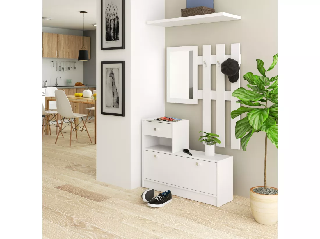 Meuble à chaussures AKORD Blanc 90 cm 1 porte 1 tiroir façade Blanche 2 étagères 90x25x170 cm