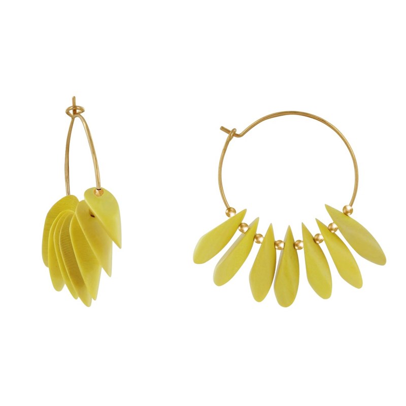 Boucles d'Oreilles Créoles en Acier Pétales en Bois