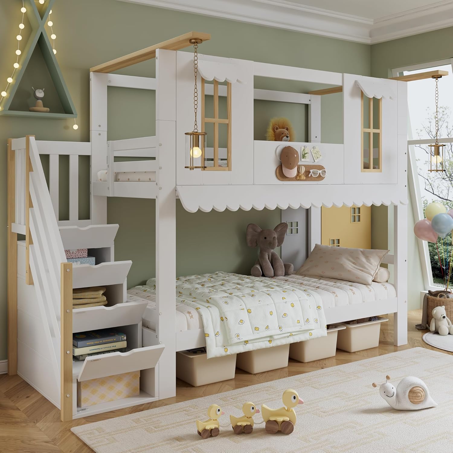 HESHU Etagenbett 90x200cm mit Stauraumtreppe, Kinderbett mit Fenster, Wellenförmige Dachkante, Holzbett mit Lattenrost, ohne Matratze