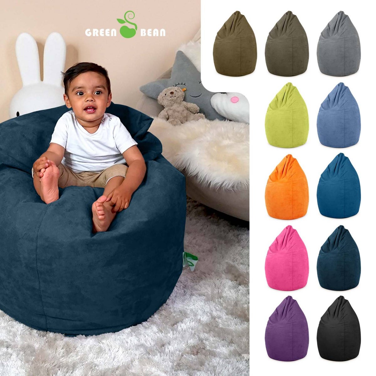Green Bean Zitzak met rugleuning 60x60x90cm - Binnenzitkussen 220L vulling, comfortabel, wasbaar - Zitzak vloerkussen, loungestoel, voetenbank - donkerblauw