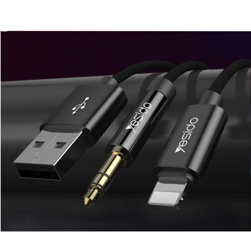(120cm) 2in1 Lightning auf Audio 3.5mm Klinke Stecker AUX Nylon Kabel   USB A Ladeanschluss mit vergoldeten Kontakten - Schwarz