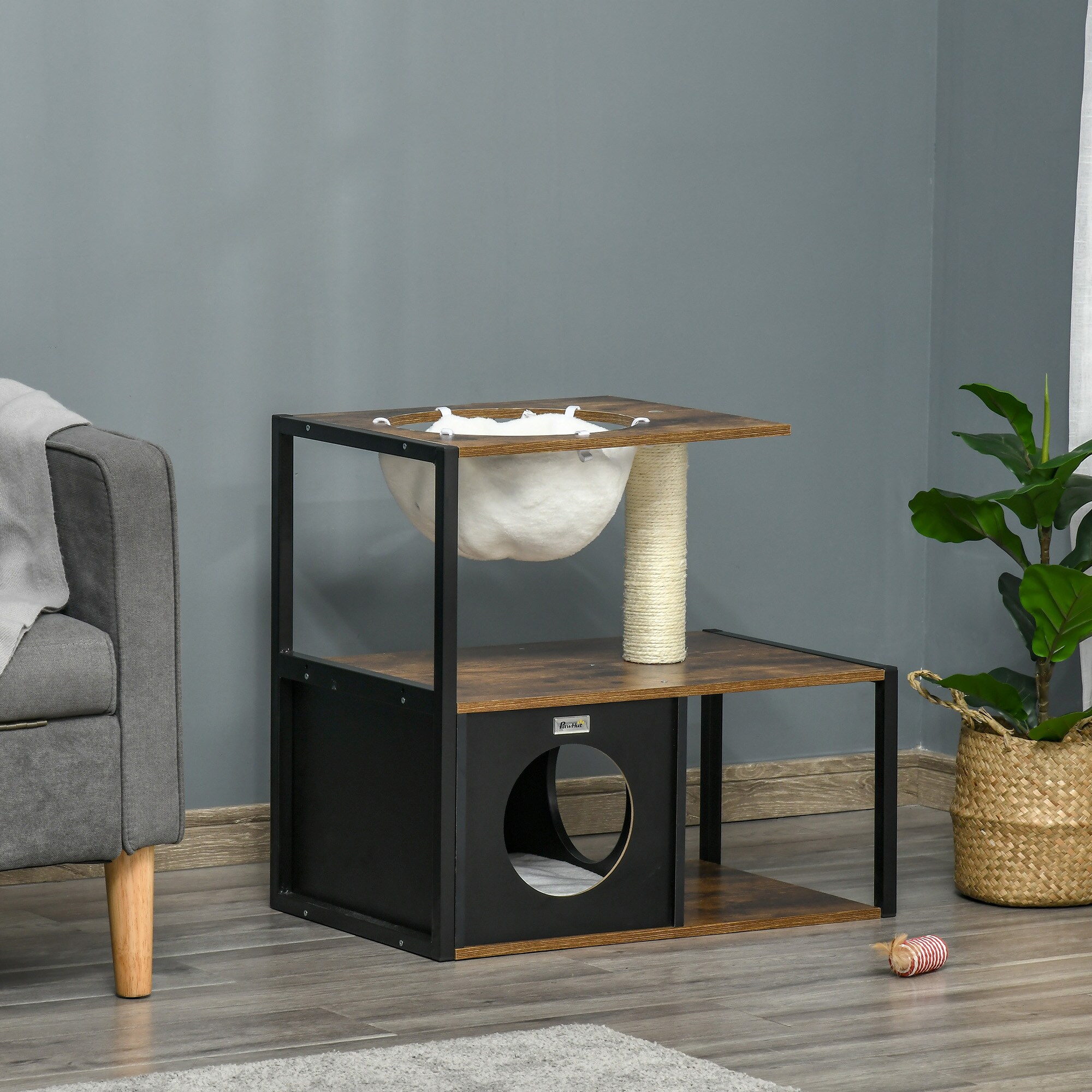 PawHut Katzenhaus mit Kratzstamm schwarz, natur 64L x 40B x 60H cm