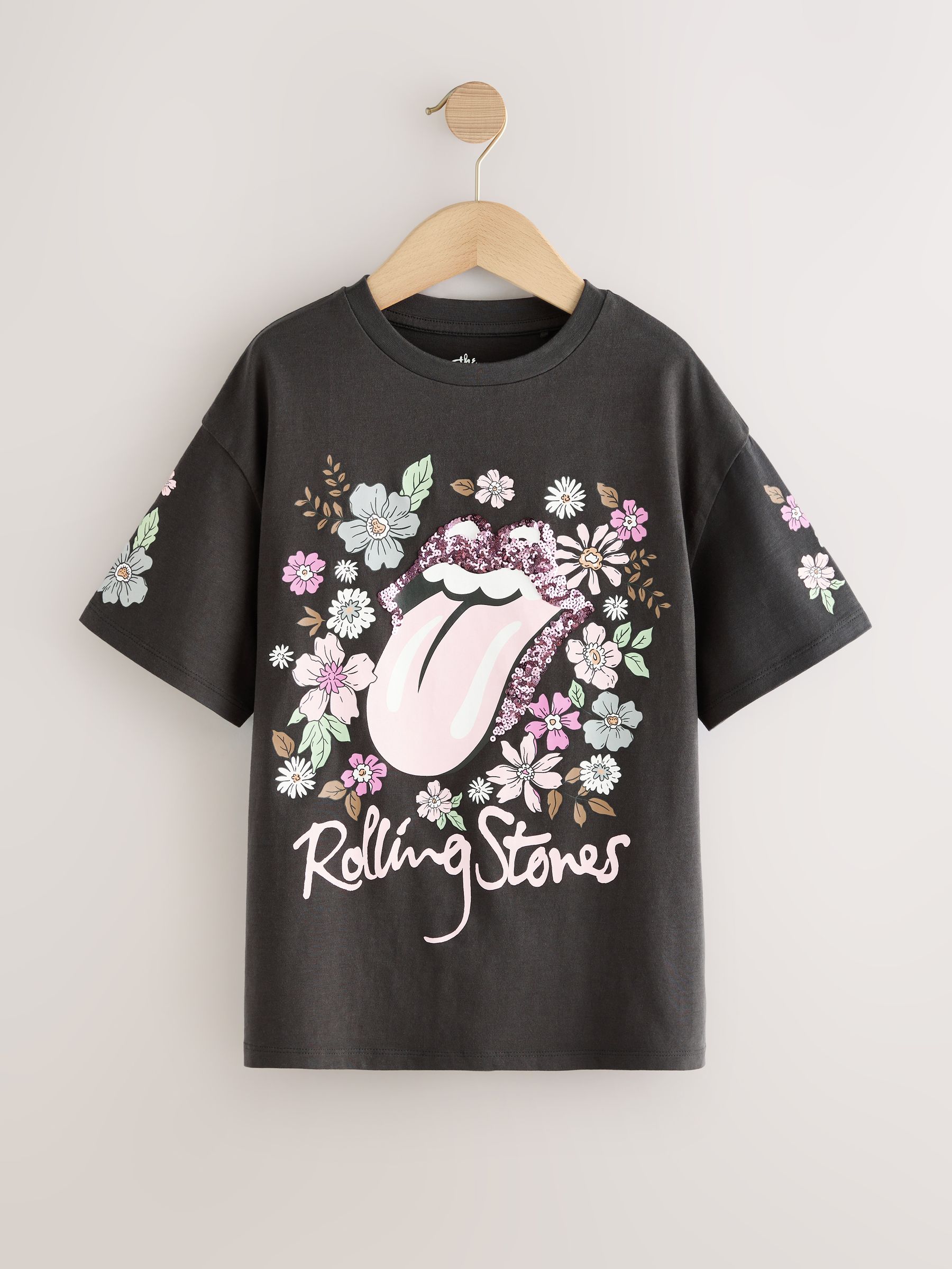 Antracietgrijs gebloemd - The Rolling Stones - T-shirt met pailletten (3-16jr)