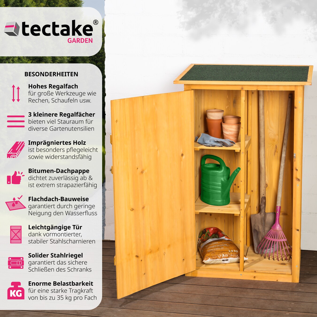 tectake® Gartenschrank mit Flachdach, aus imprägniertem Nadelholz, Dachpappe aus Bitumen, 75 x 56 x 118 cm