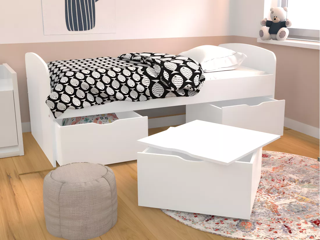 Lit LOUANE avec 2 tiroirs et 1 coffre de rangement - 90 x 190 cm - Blanc + Matelas
