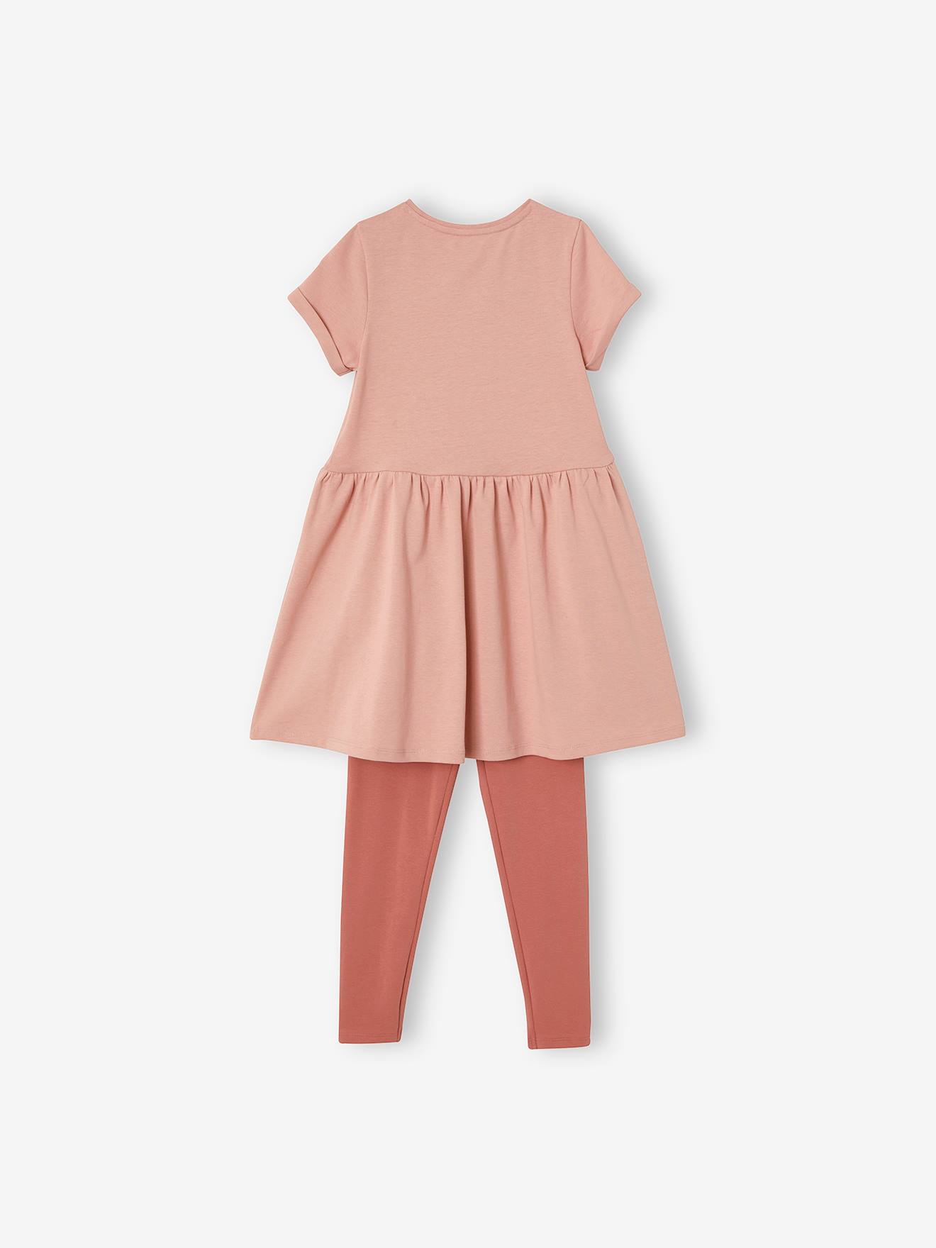Conjunto de duas peças: vestido e leggings com detalhes iridescentes, para meninas na cor verde esmeralda.