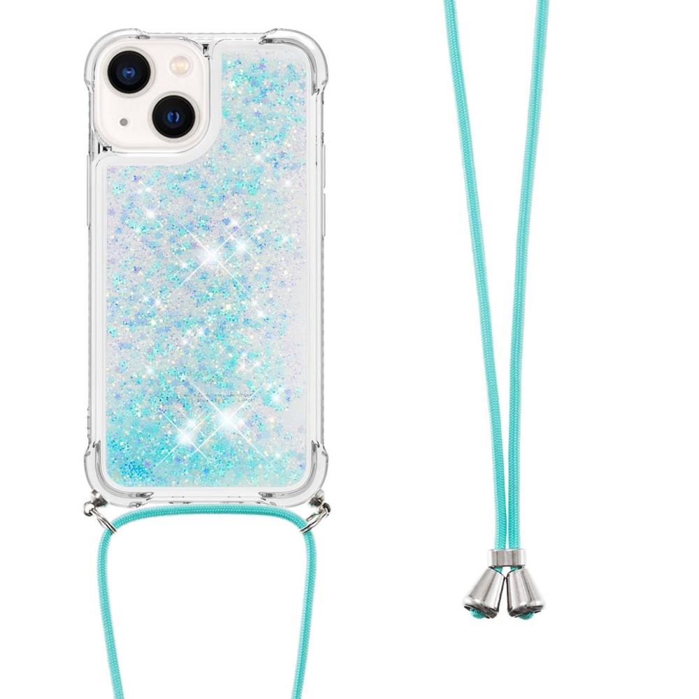 iPhone 15 Necklace Gummi Hülle Liquid Glitzer   Handykette (130cm) - Türkis