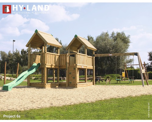 Hyland Project 6S houten speeltoren met zandbak, klimwand, dubbele schommel, glijbaan, groen