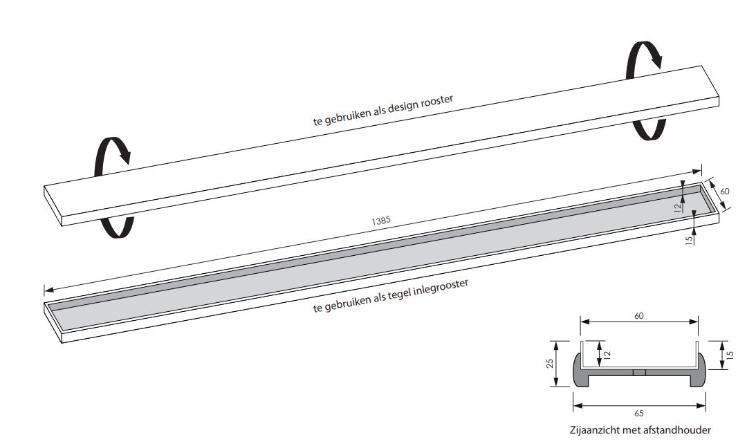 Brauer los multifunctioneel tegelinlegrooster 140cm RVS geborsteld