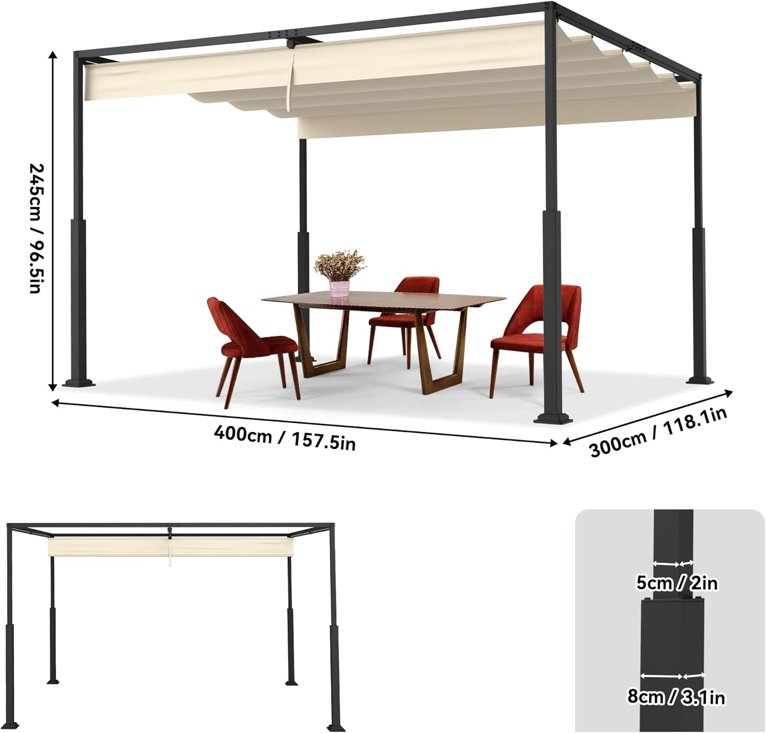 UISEBRT Metall Pergola 3x4 m wasserdicht stabil Winterfest,Pavillon mit lamellendach,überdachung freistehend mit Schiebedach Sonnenschutz für Gärten und Terrassen,Beige