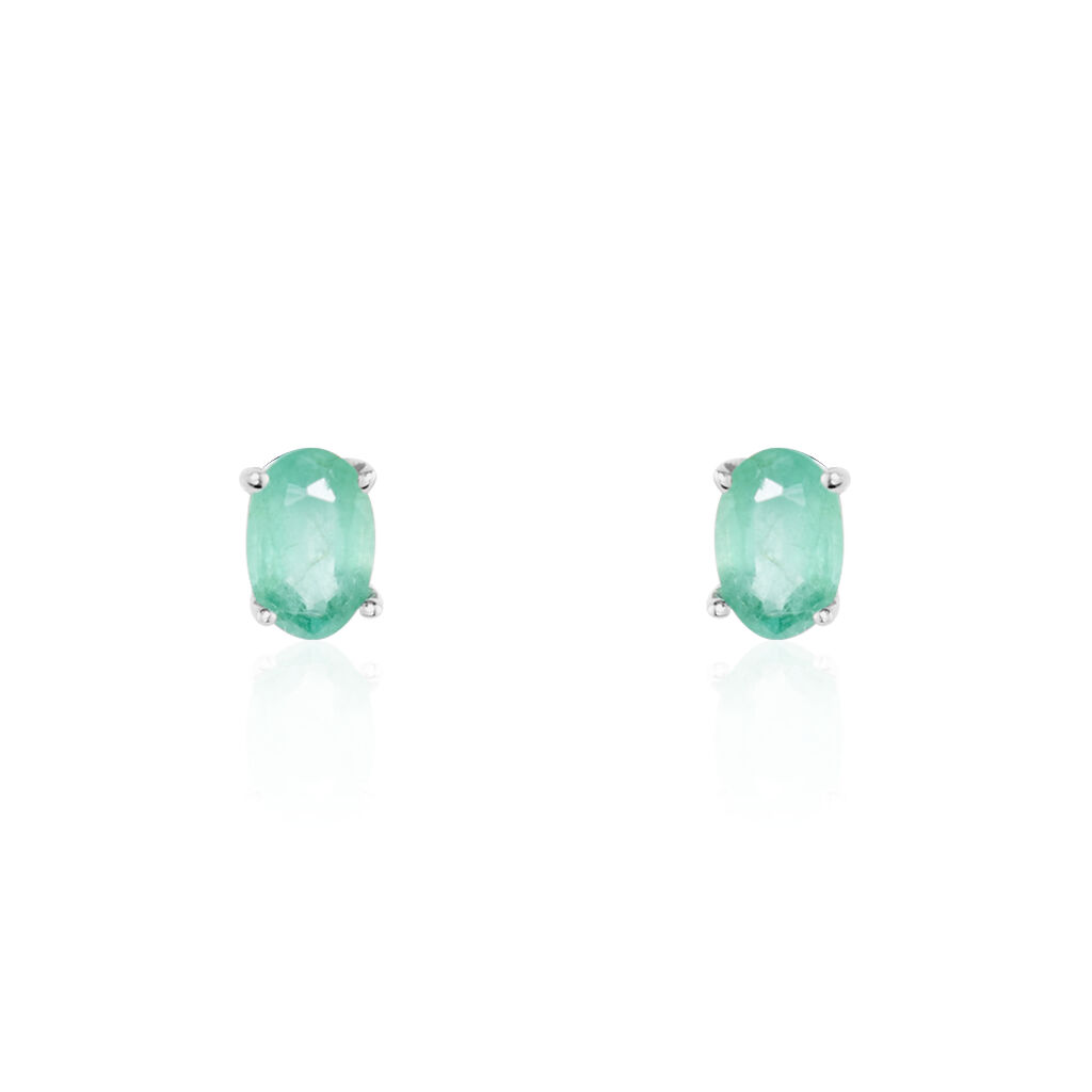 Boucles D'oreilles Puces Ovale Or Blanc Emeraude