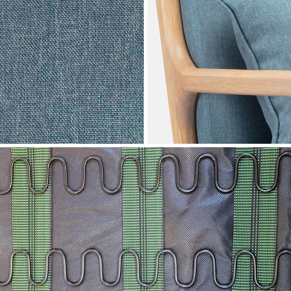 Fauteuil design en bois et tissu. 1 place droit fixe. Pieds compas scandinave. Assise confortable. Structure en bois solide. Bleu