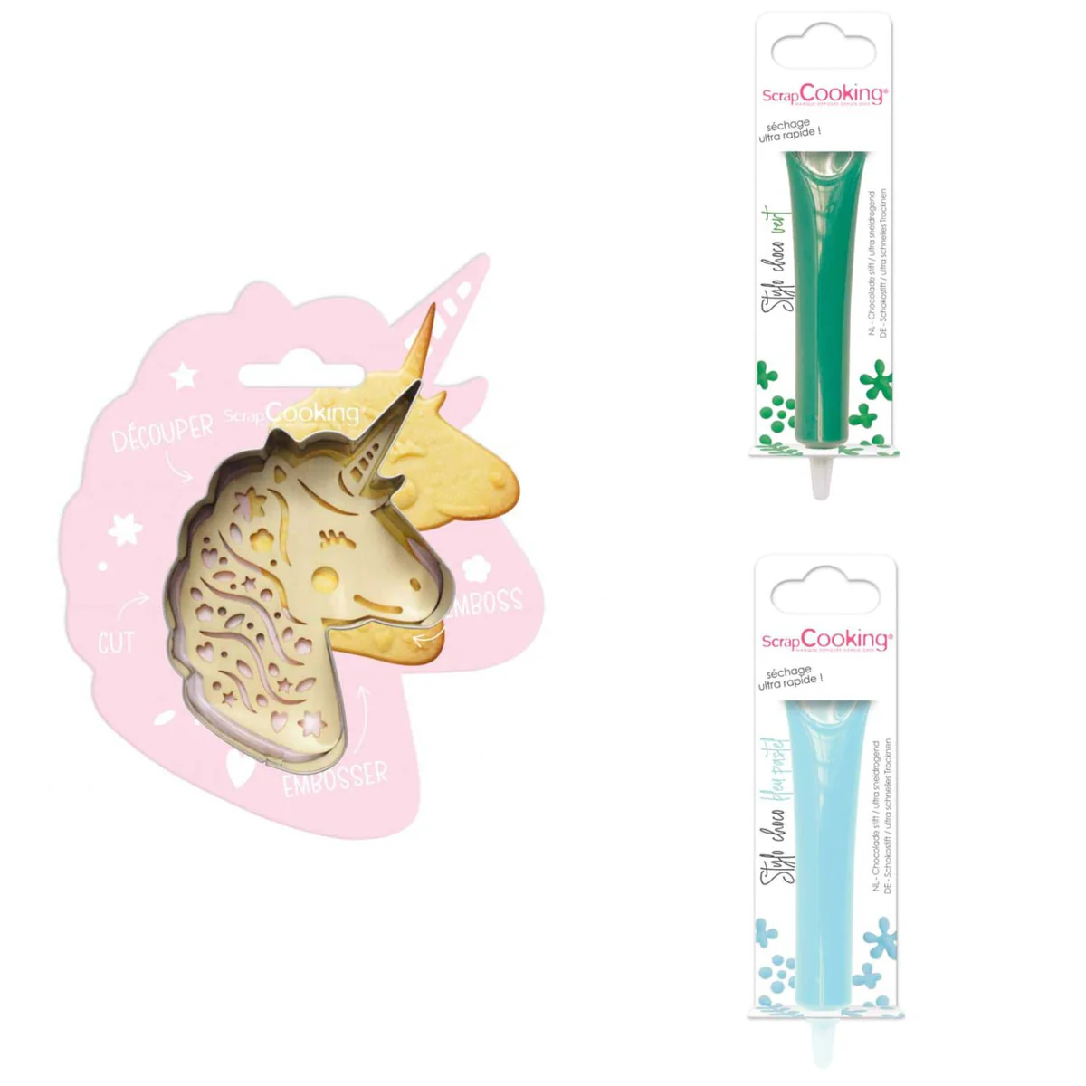 Kit pour biscuit en relief Licorne + 2 Stylos au chocolat vert et bleu