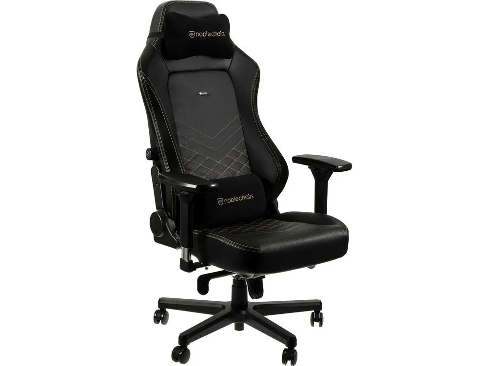 Noblechairs Hero - Stol - ergonomisk - armstøtter - T-formet - vippe - drejeled - aluminium, polyurethan, stål, memory foam, polyuretan vegan falsk læder - sort, guld
