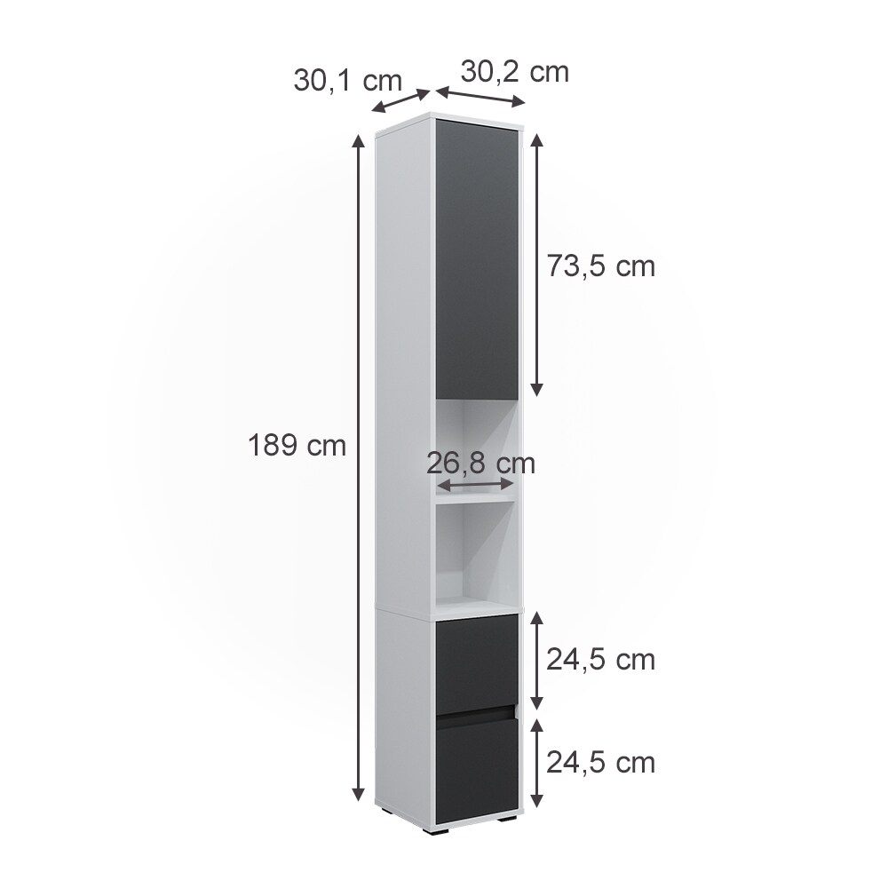 Vicco Hochschrank Maltin Weiß Anthrazit 30 x 189 cm Badezimmer