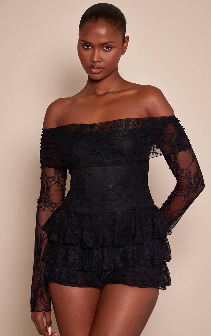 Noir Combinaison-short Dentelle À Manches Longues Épaules Dénudées