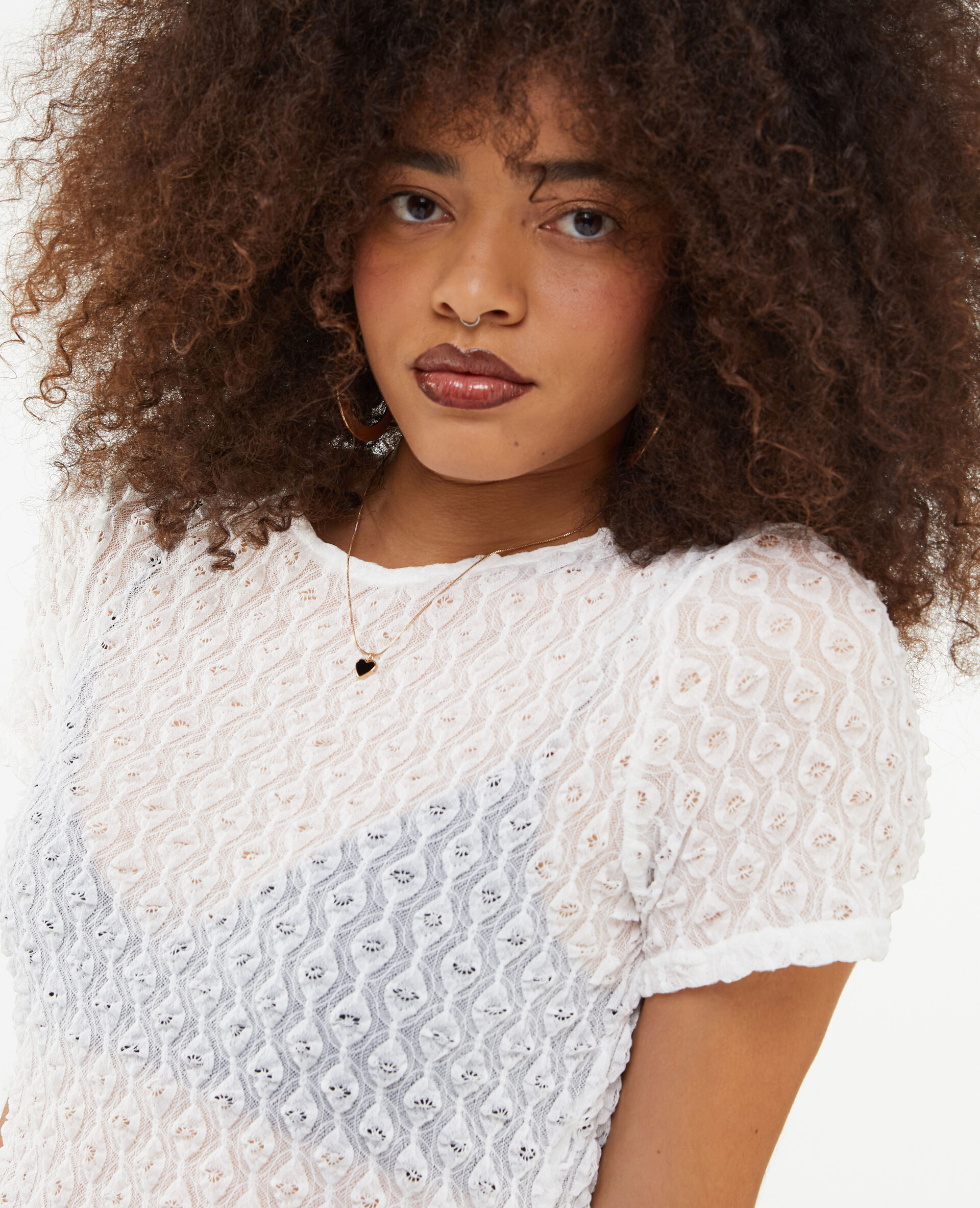 Top en dentelle tissu reliefé - Blanc