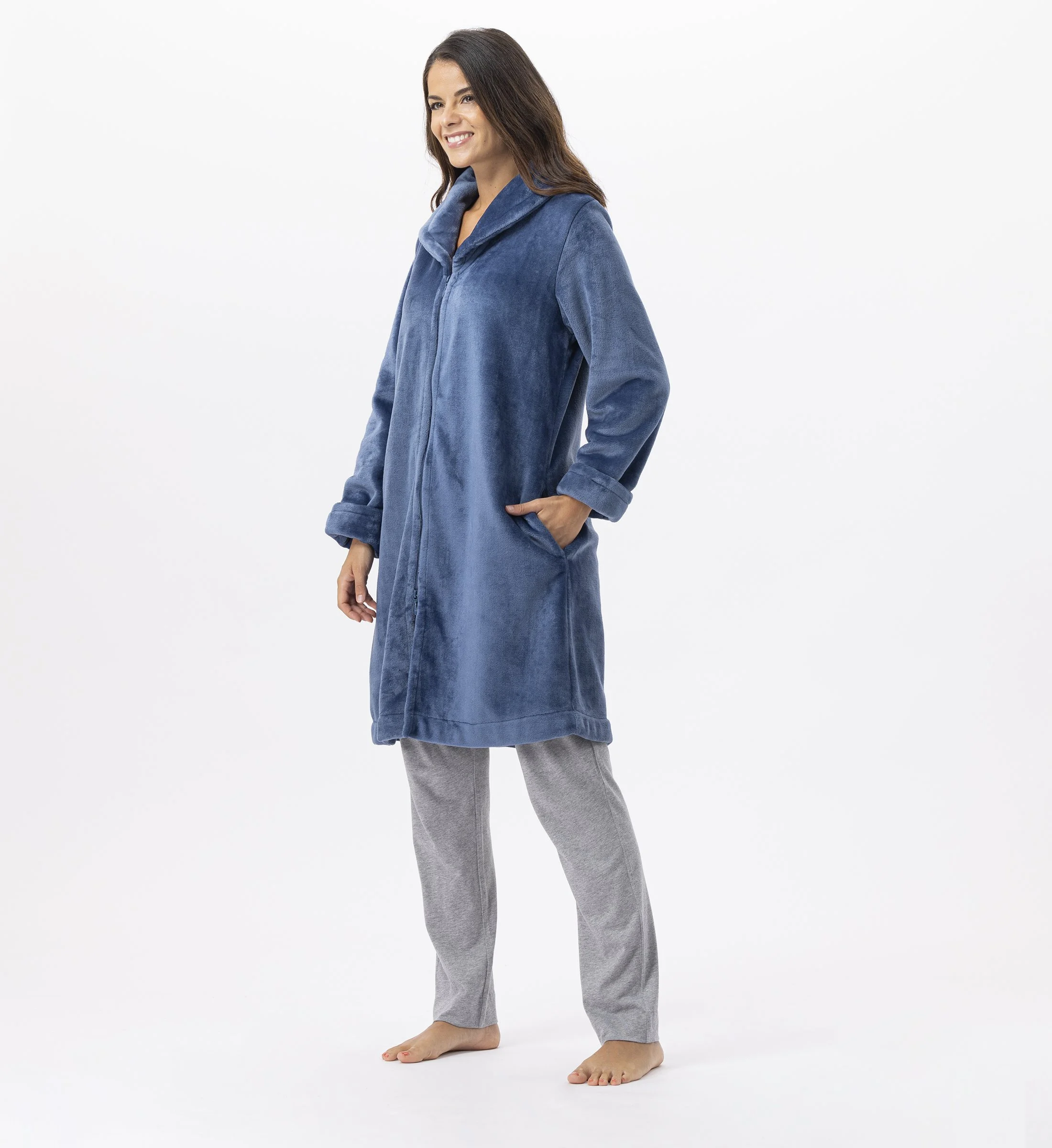 ESSENTIEL H56B - Robe de chambre zipée en peluche flanelle | Bleu