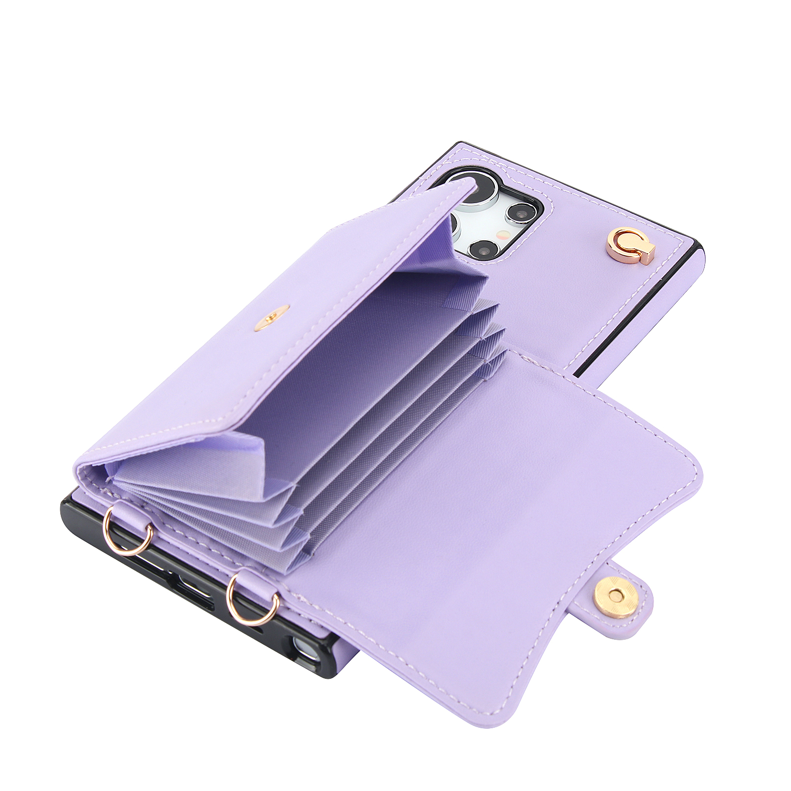 Samsung Galaxy S24 Ultra Necklace Leder Schutz Hülle mit Kartenfach   Handykette (140cm) - Lila