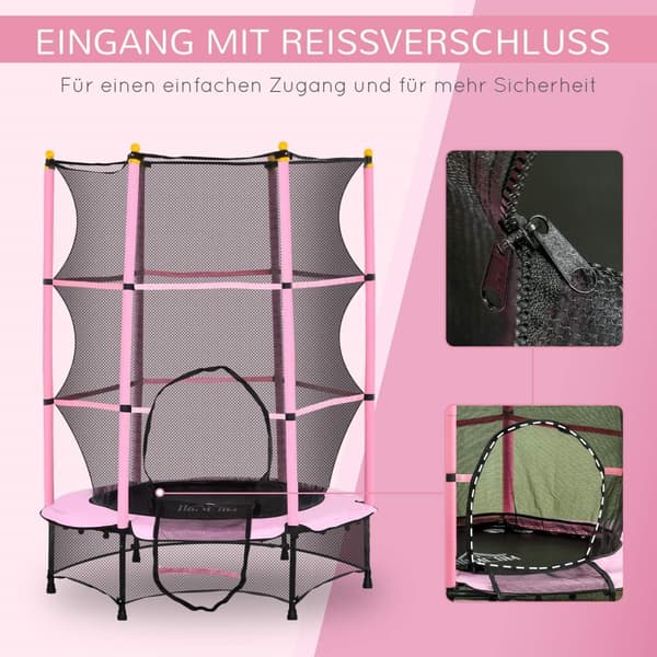 Barnetrampolin Ø140 cm, trampoline med sikkerhetsnett, kanttrekk, hagetrampolin for barn 3-10 år, kan holde opptil 50 kg, rosa