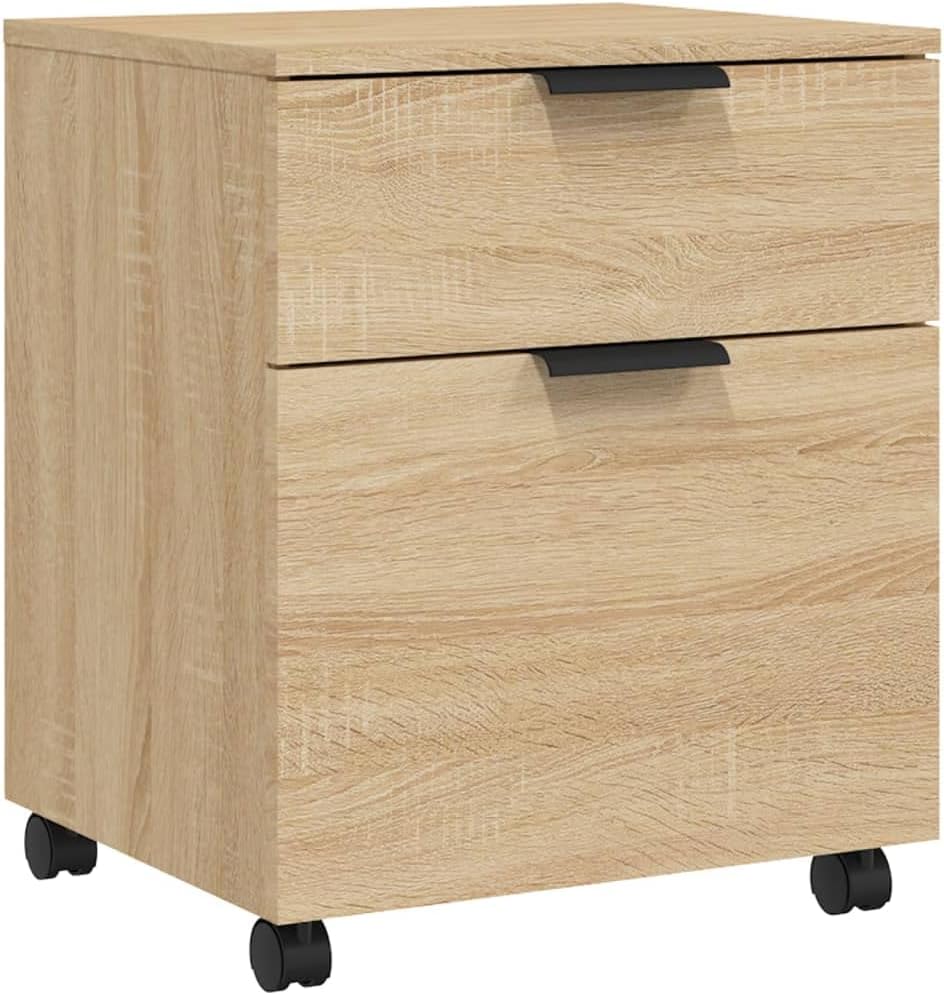 Aktenschrank mit 4 Rollen und 2 Schubladen, 2 Rollen mit Bremsen, Vorratsschrank aus Holz, für Schlafzimmer Arbeitszimmer Büro, Sonoma-Eiche 45x38x54 cm
