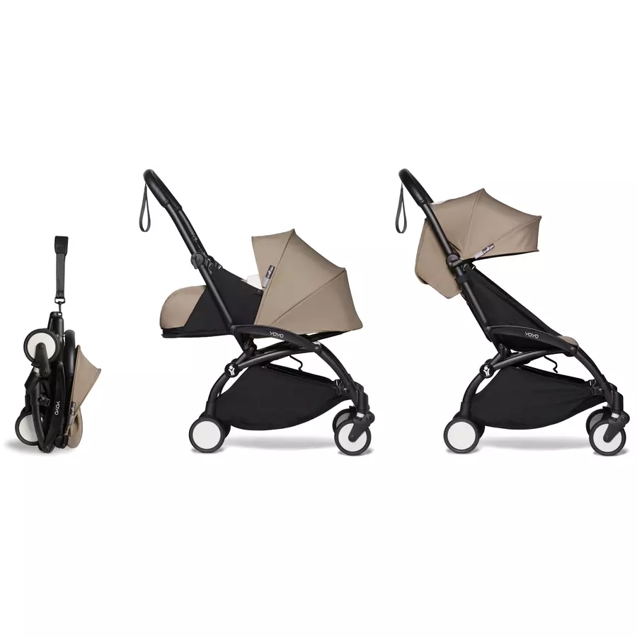 BABYZEN Kinderwagen YOYO2 0+ Black mit Neugeborenenaufsatz und Textilset Taupe