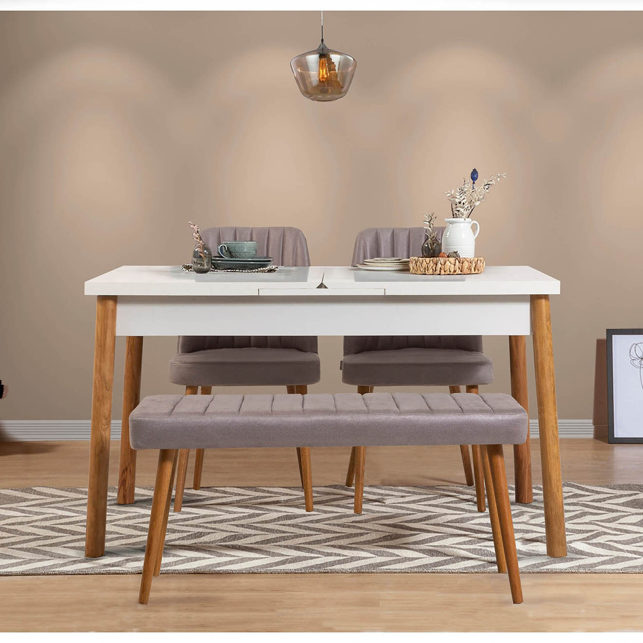 Homitis Table + 2 Chaises + Banc Santiago 0701 pin atlantique/blanc/gris