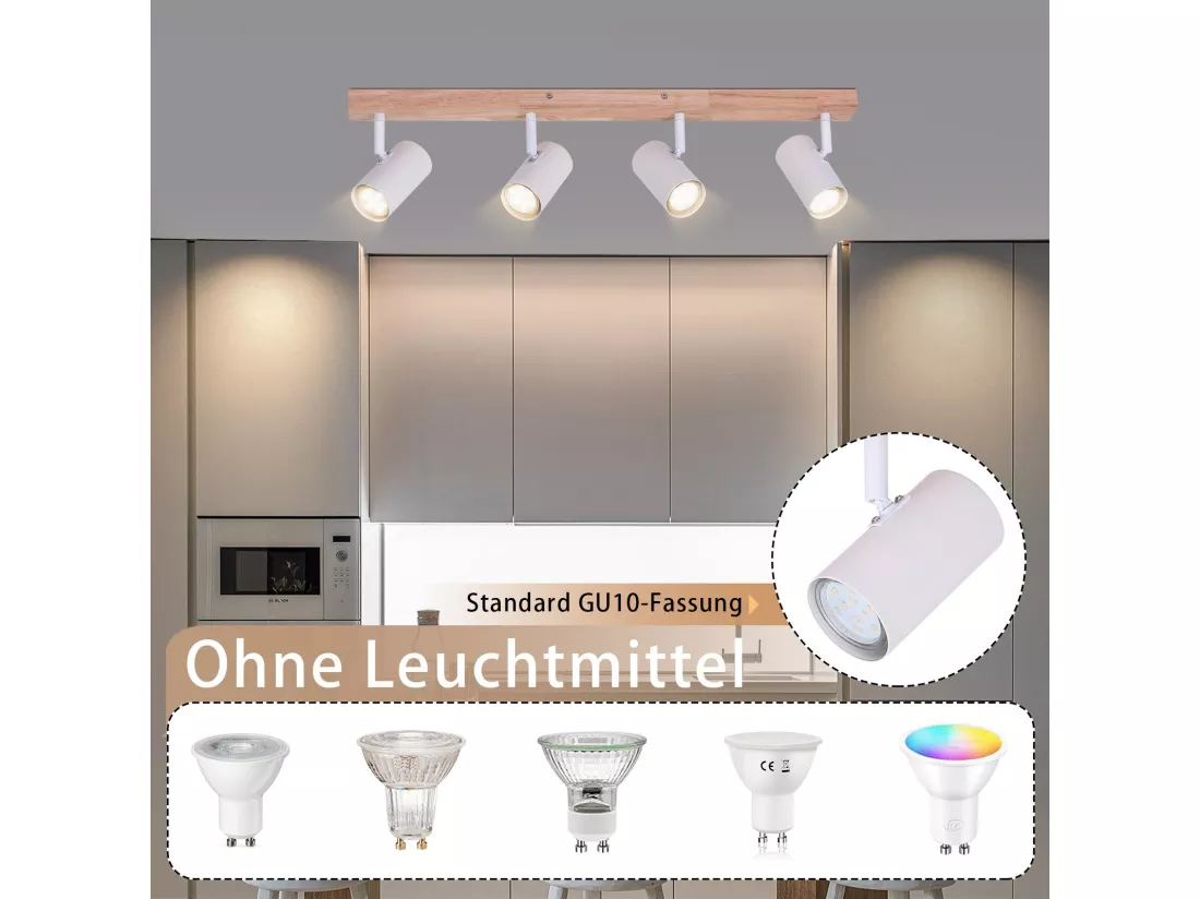 NETTLIFE Spot de Plafond 4 Ampoules Plafonnier en Bois Blanc GU10 Vintage Pivotant 350°