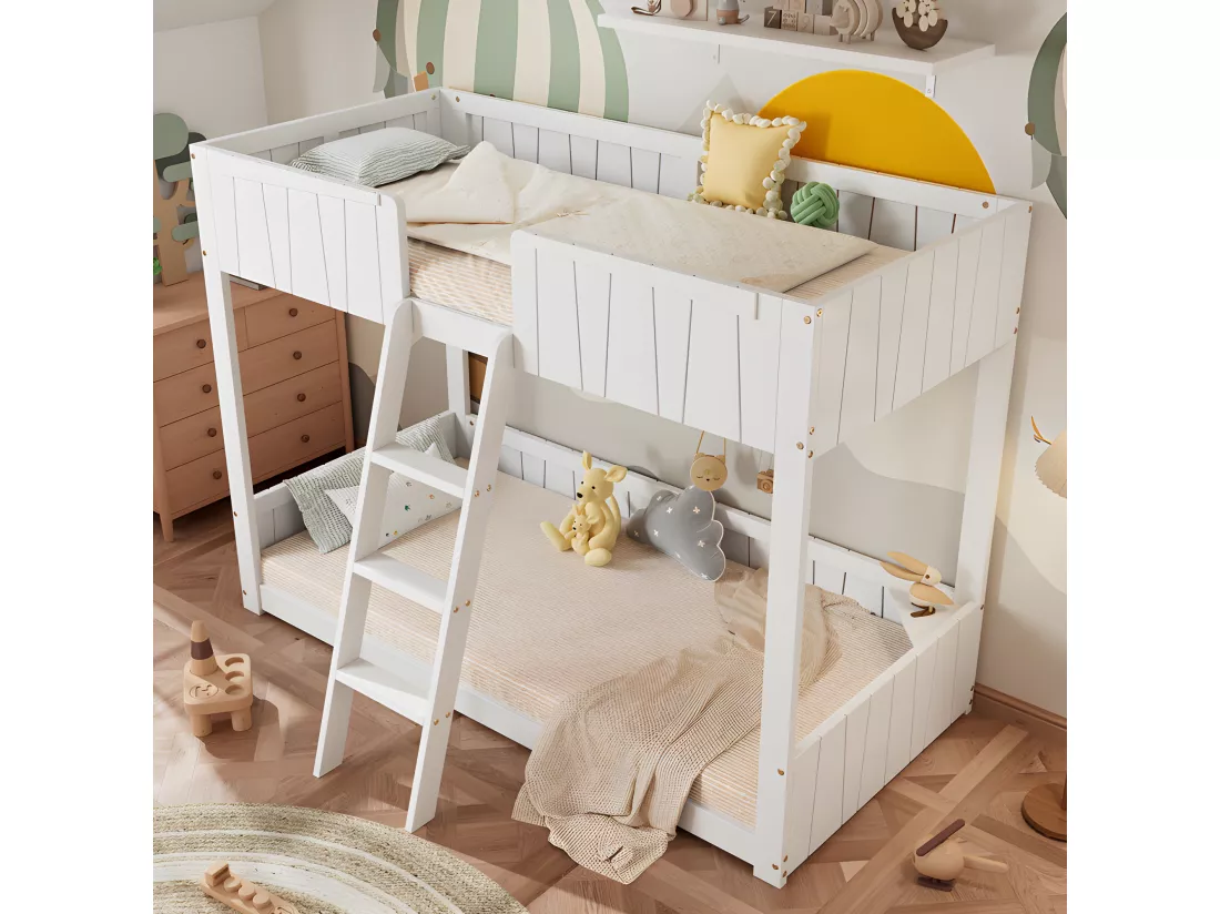 Lit superposé 90x200cm avec échelle et une étagère - en bois de pin et MDF - Blanc