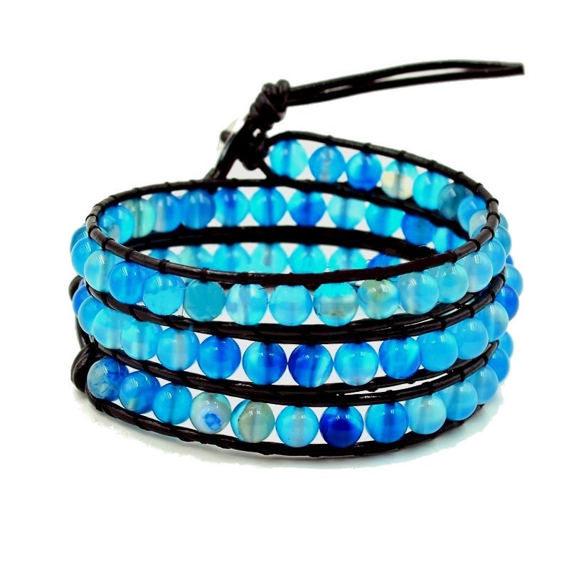 Bracelet long wrap entouré de perles rondes 6mm en agate bleu - 50cm