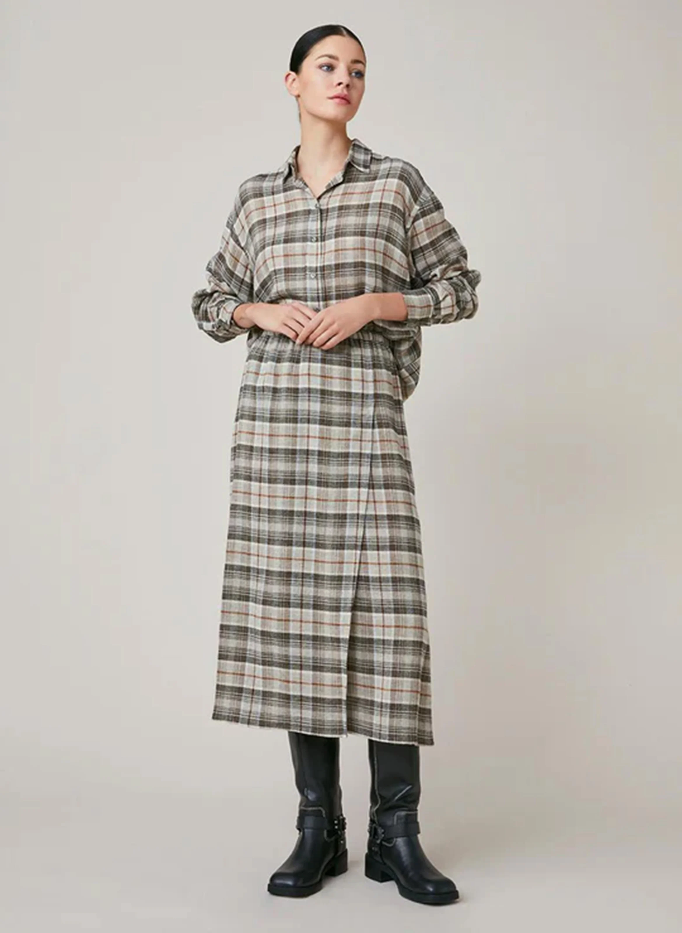 FATIA - Chemise à carreaux ample à col classique | Beige