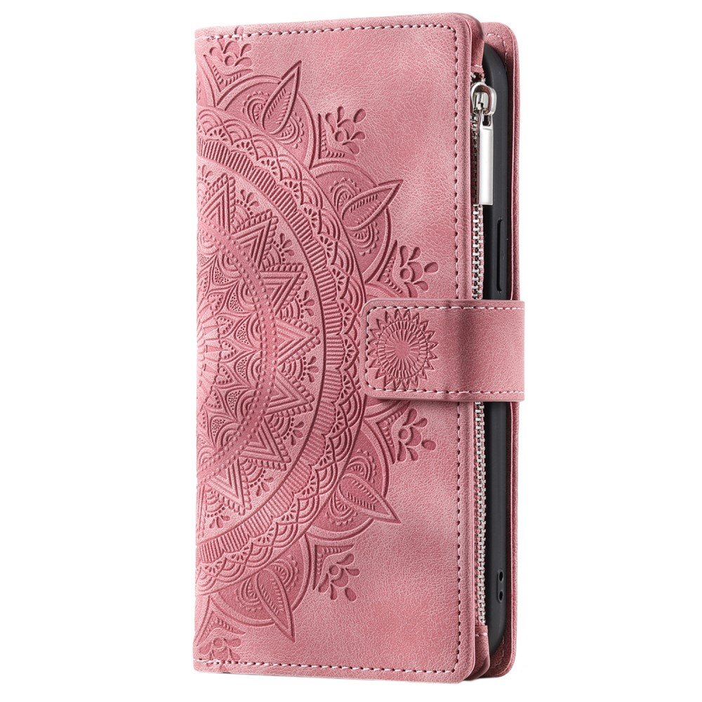 iPhone 16 Pro Max Leder Tasche Flip Cover mit Reissverschluss - Mandala Flowers Imprint - Rosa