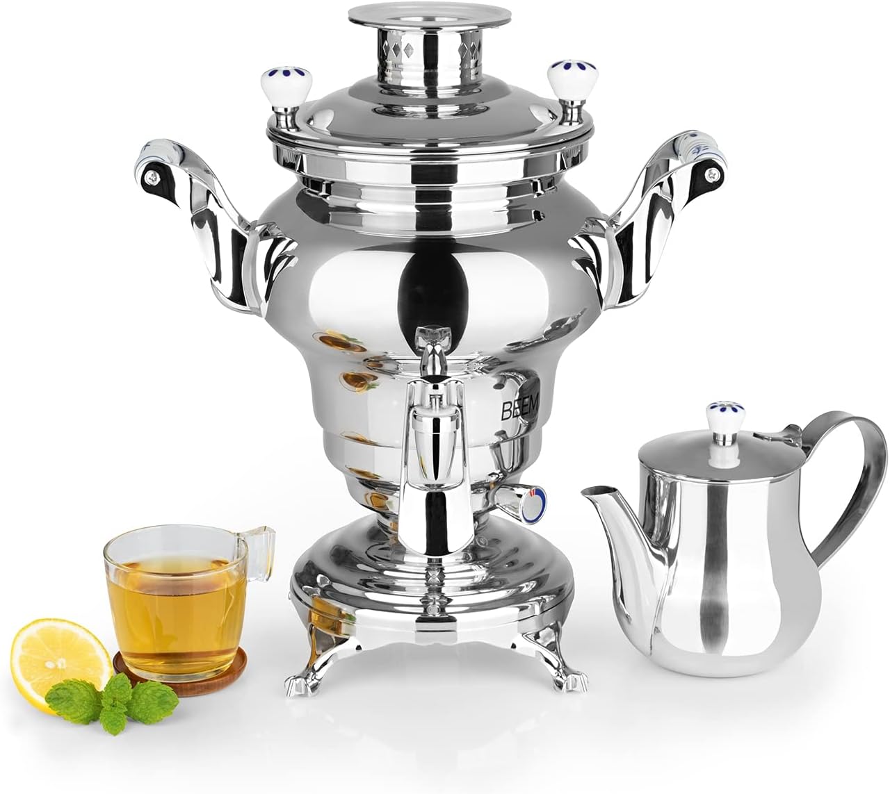 BEEM ODESSA + Samowar - 3 l | Edelstahl | Türkischer Teekocher elektrisch | 1800 W| 1 l Edelstahl-Teekanne mit Sieb | 3 l Wasserkocher | NEU: Dispenser mit Einhand-Bedienung