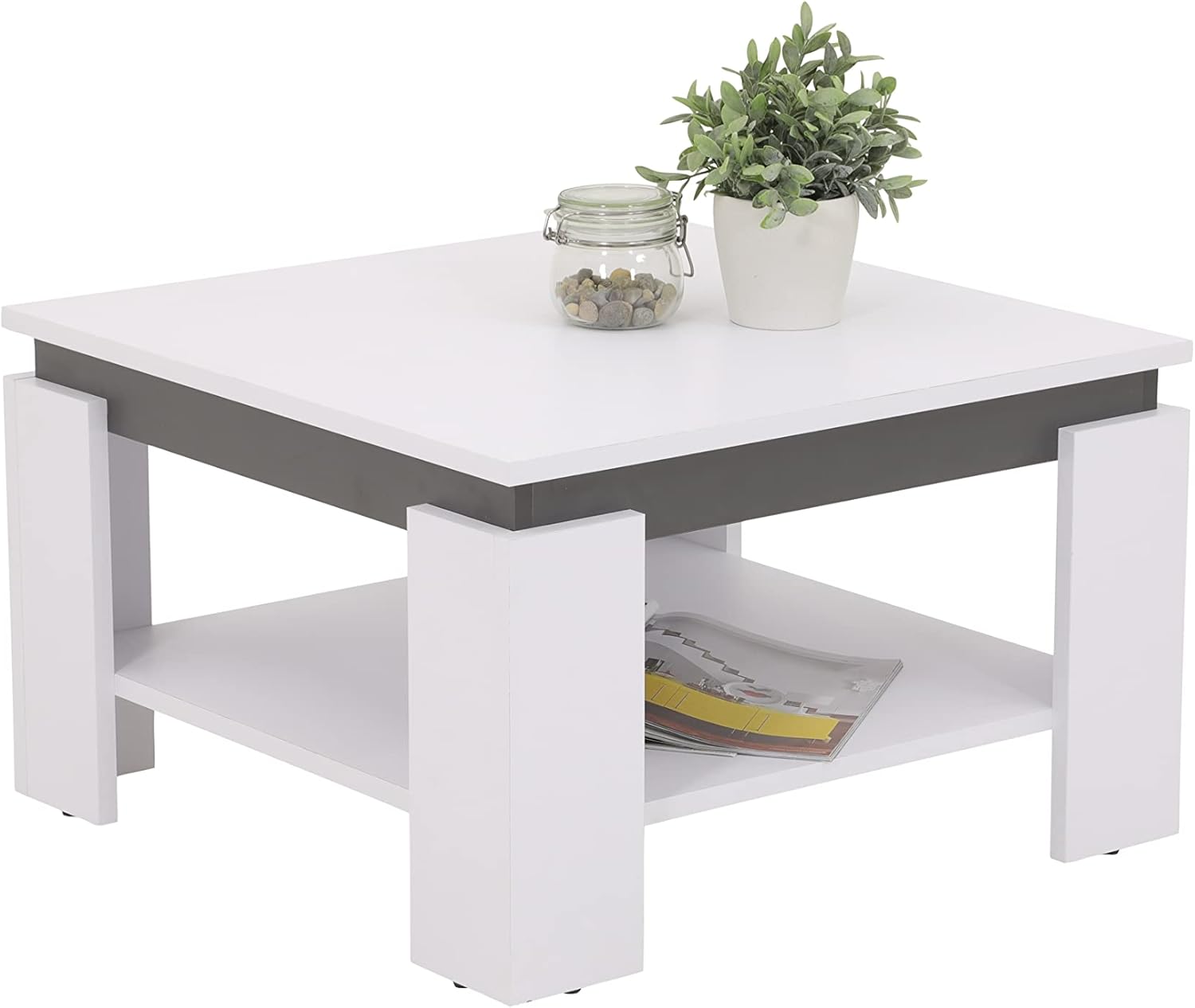 Hela Tische, Couchtisch Sofatisch Tim, Quadratisch, Holzwerkstoff melaminbeschichtet, farbiger Tischkranz, Weiß/Anthrazit, 68 x 68 x41cm
