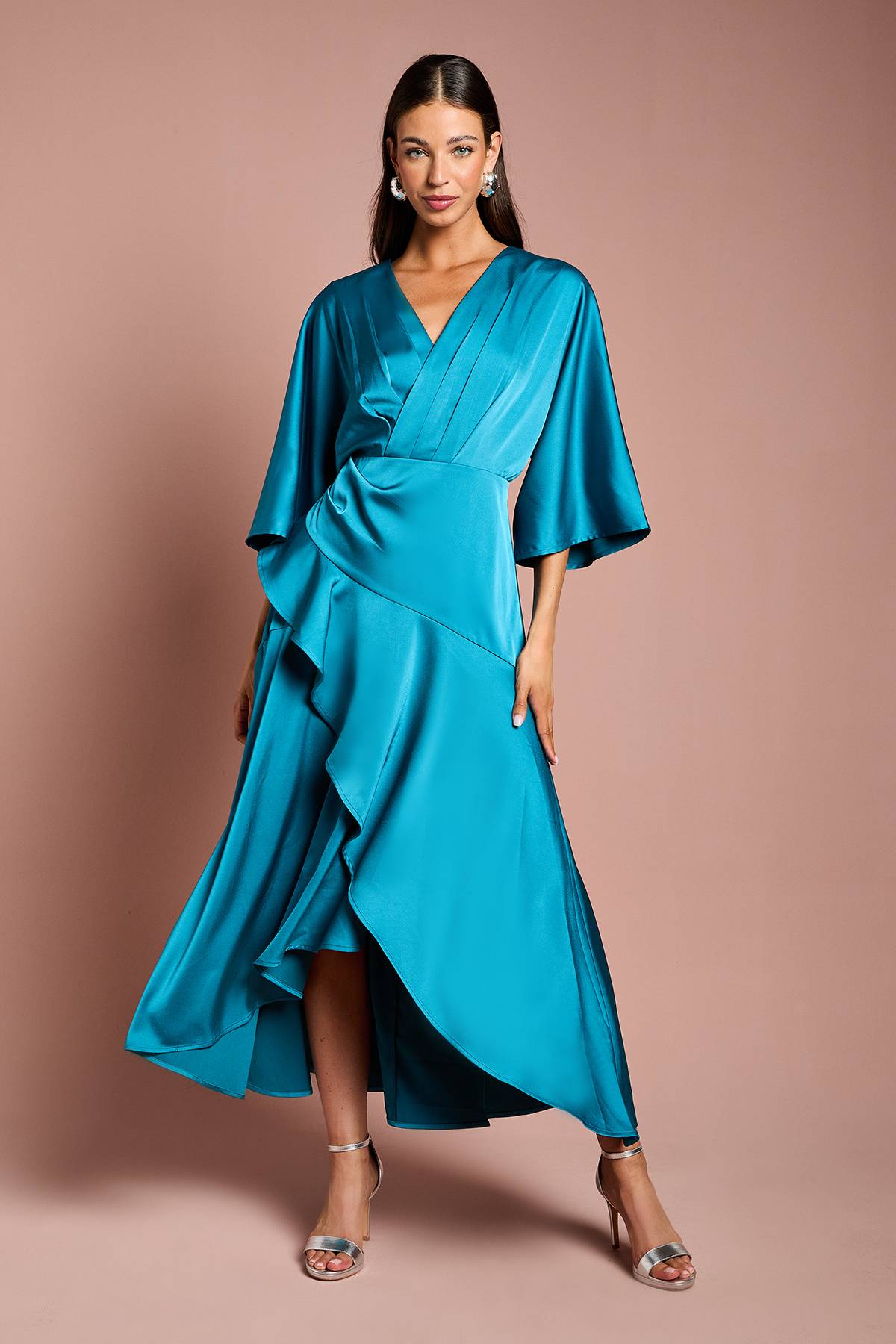 Coast Robe Midi Portefeuille en Crêpe Satiné à Volants
