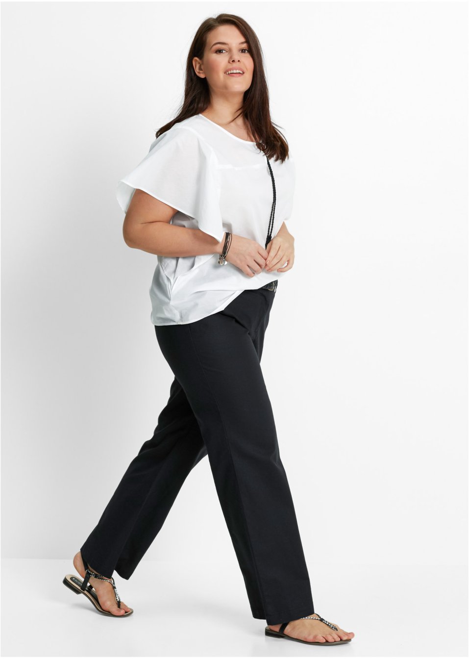 Pantalon en lin majoritaire avec taille confortable, Loose Fit