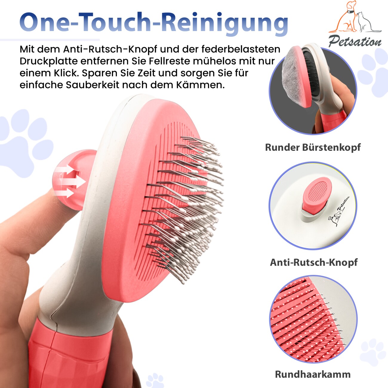 Petsation Tierbürste mit One-Touch-Reinigung weiß/ rosa