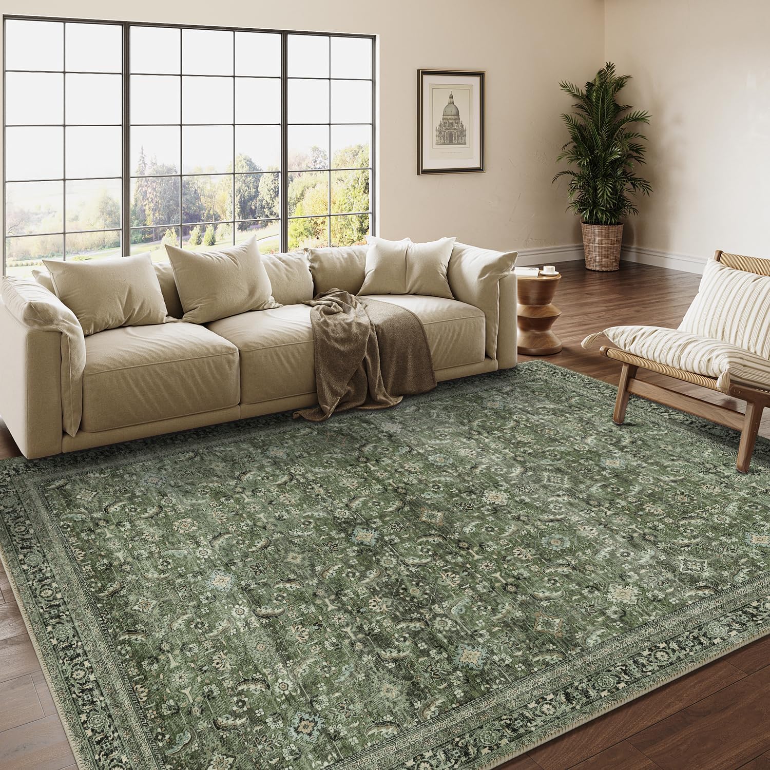 Vintage Grün Waschbarer Teppich Wohnzimmer 200x300cm Retro Rugs for Living Room Weich rutschfest Groß Tepich Kurzflor Schlafzimmer Carpet Living Room Bedroom Esszimmer Teppiche Büro