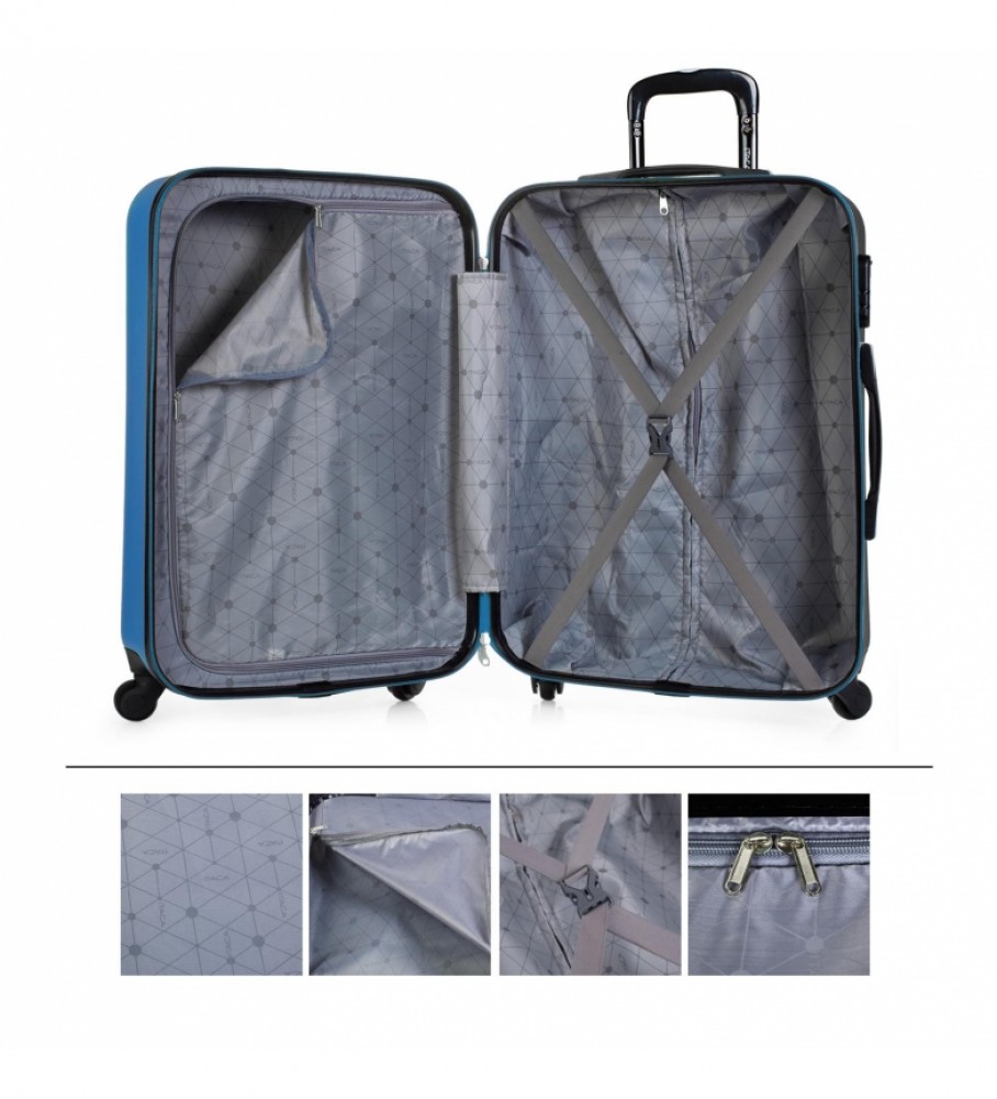 Mala de viagem rígida ITACA com 4 rodas, tamanho médio, modelo 71160, nas cores azul e antracite - 65 x 44 x 24 cm -
