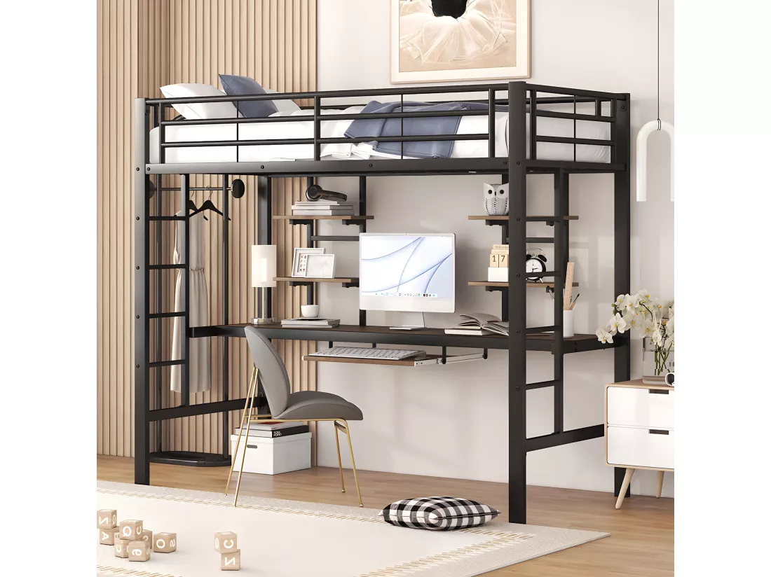 Lit mezzanine - 90 x 200 cm - plateforme bureau - Noir - Sweiko