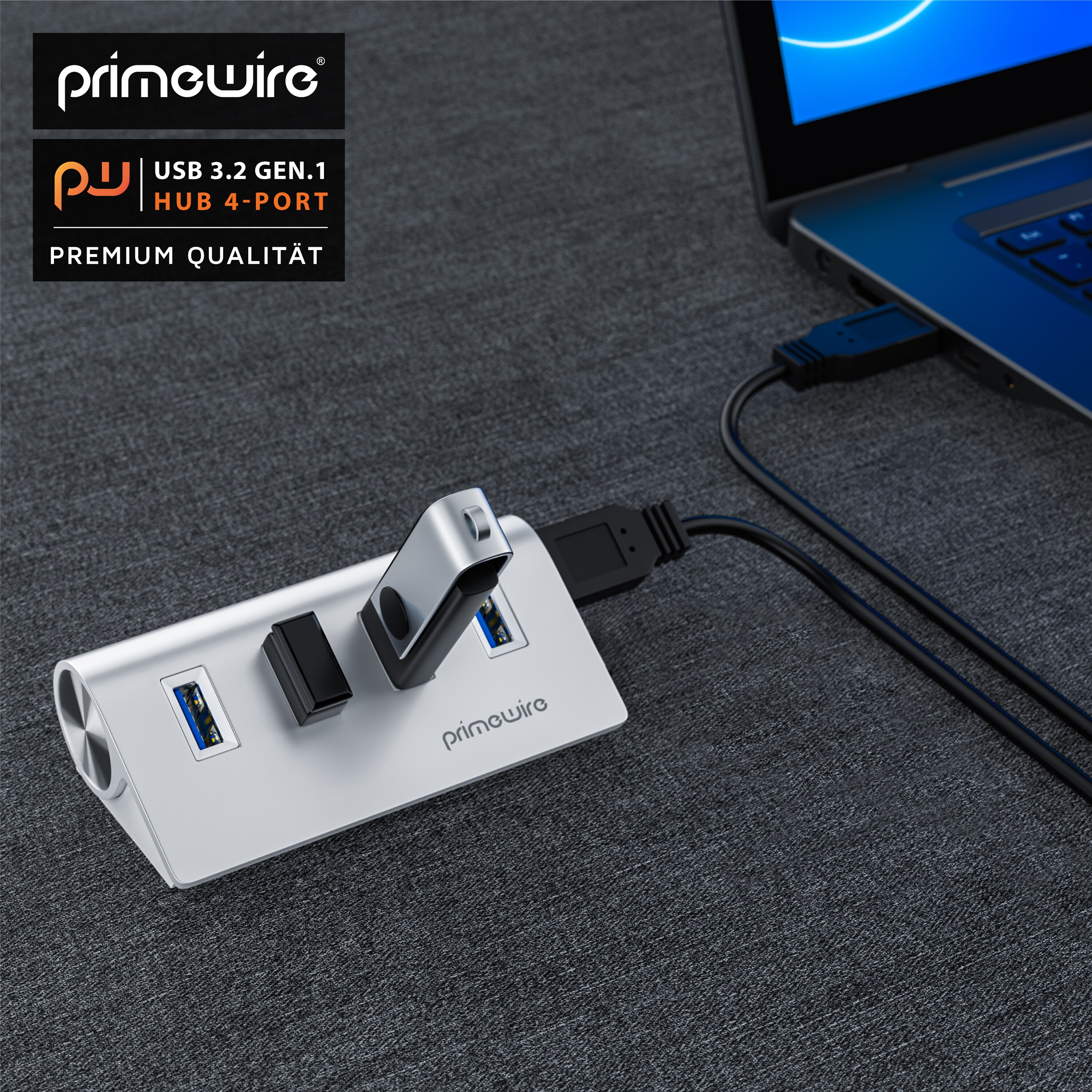 Primewire 4 Port USB 3.2 Gen1 SuperSpeed Datenhub Aluminiumgehäuse mit Netzteil Anschluss / Hot Plug