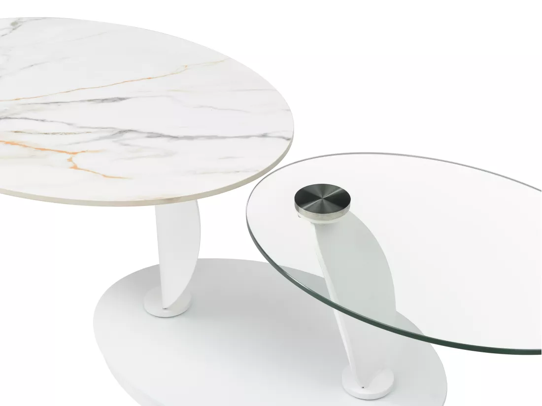 Table basse avec plateaux pivotants en céramique, verre trempé et métal - Effet marbre blanc - MANEYA de Maison Céphy