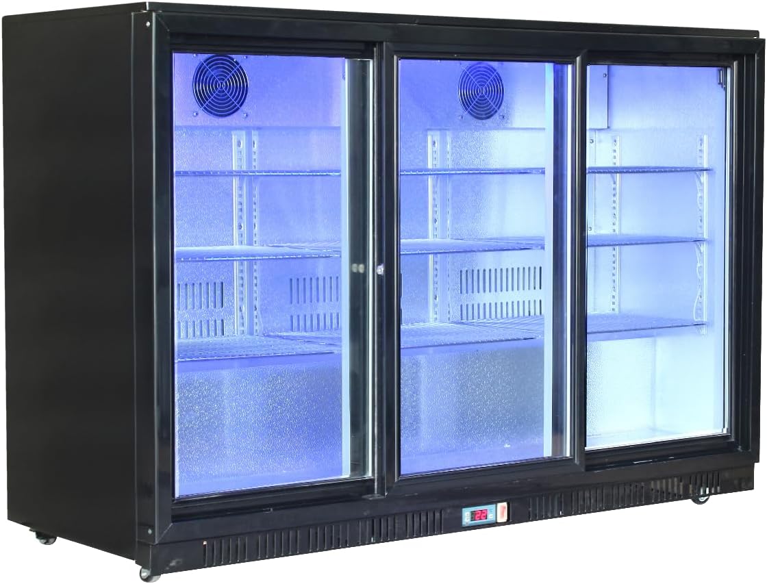 METRO Professional GBC3103 Glastür-Kühlschrank, Verzinktes Blech/Aluminium/Glas, 3 türig, 9 verstellbare Einlegeböden, automatische Abtauung, 308 L, mit Schloß, LED Beleuchtung, schwarz