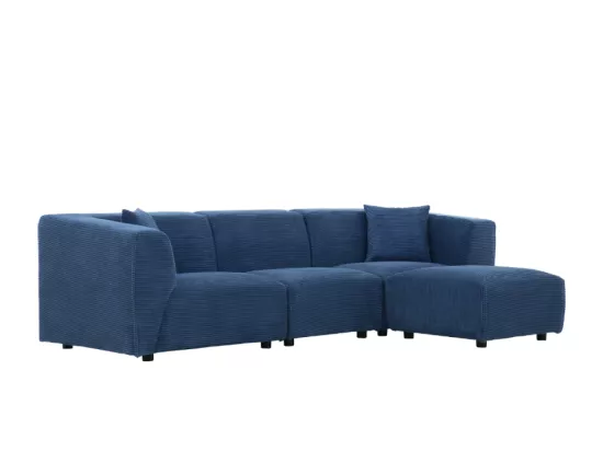 Canapé modulable 4 places: canapé droit 3 places + 1 pouf velours côtelé bleu Monroe