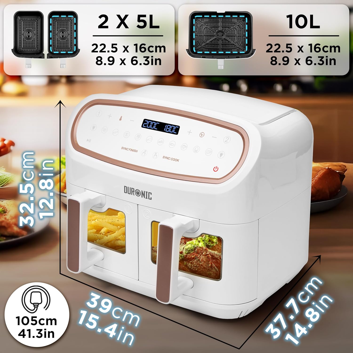 Duronic AF34 WE XXL Heißluftfritteuse – 10L Airfryer mit 2 Kammern, Doppel-Fritteuse ohne Öl, HLF Air Fryer für fettfreies Garen von Pommes, Fleisch & mehr – Friteuse mit großem Volumen