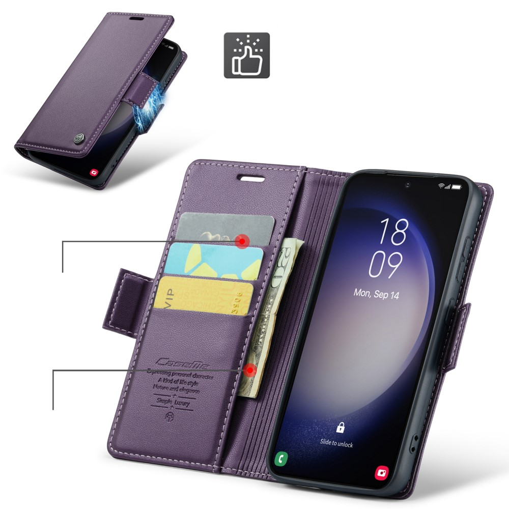 Samsung Galaxy S23 Leder Tasche Flip Wallet Etui mit Kartenfächern Litchi Look (RFID Schutz) - Violett