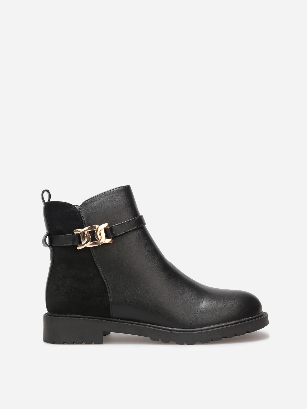 Bottines plates bi-matière à boucle dorée- Noir
