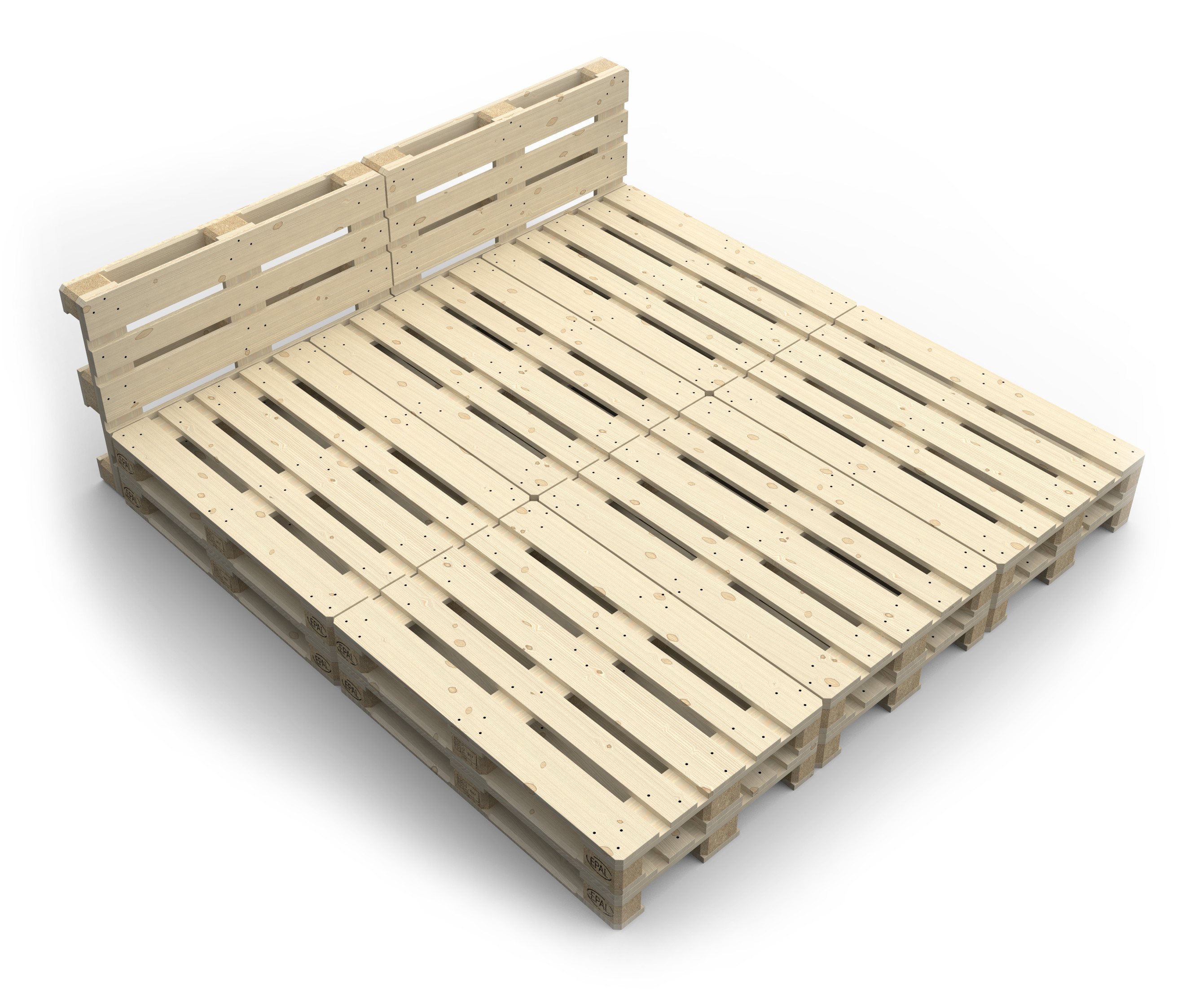 Palettenbett 240 x 240 cm mit Kopfteil